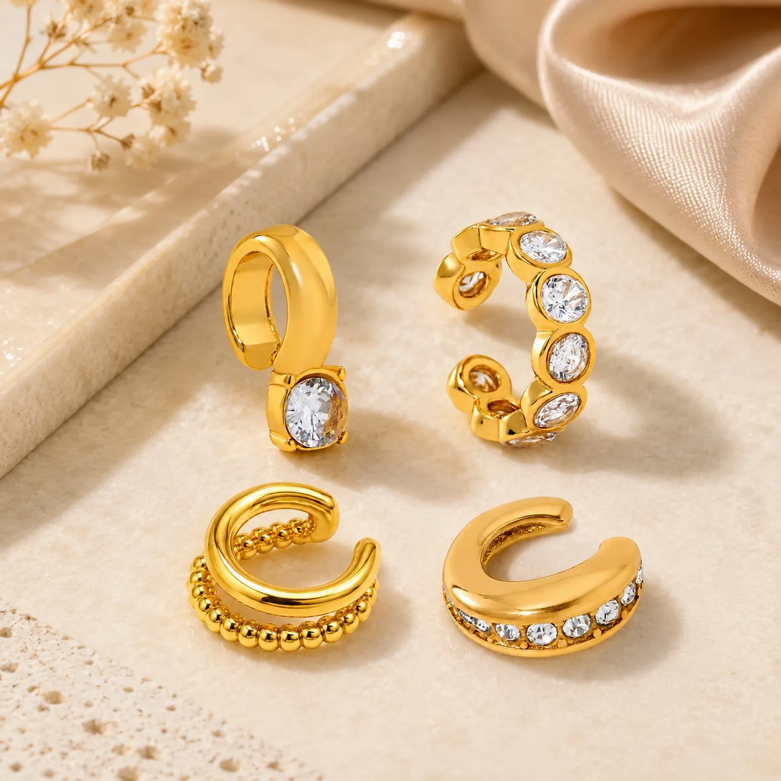 Manchette d'oreille en forme de C épaisse en zircon cubique, plaquée or 18 carats en acier inoxydable, à clipser, 1 pièce, bijou de faux piercing unique