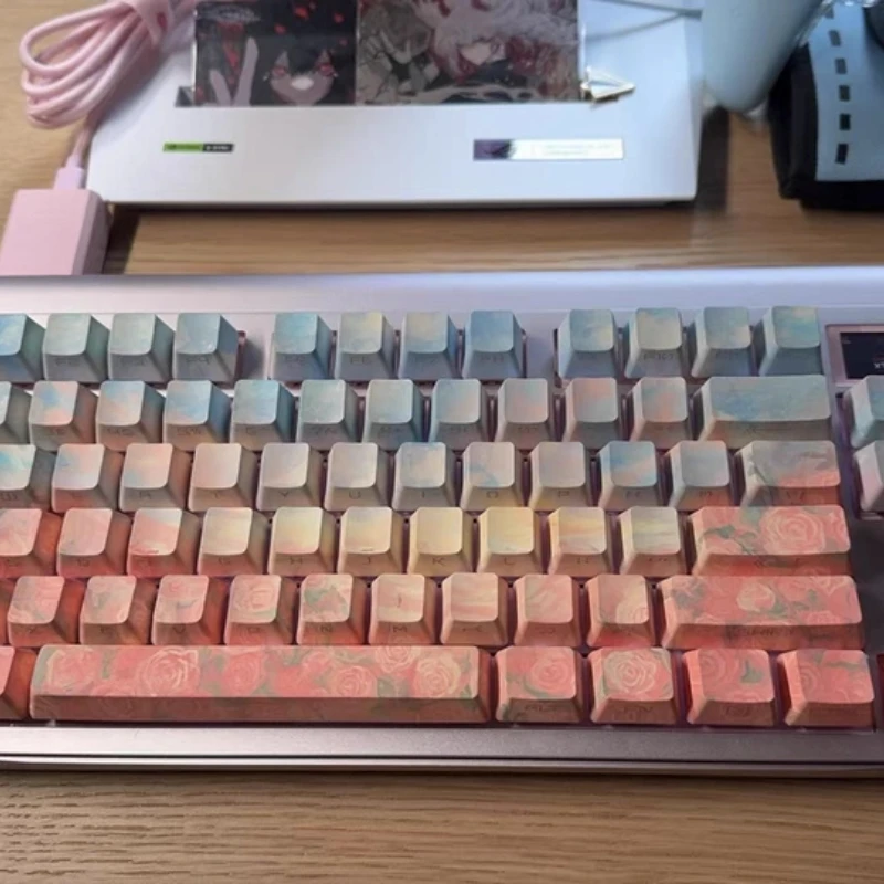 Rose Coast Keycaps Custom PBT OEM Profile Keycap Cute 133pcs Side Engraving Transparent Sublimation Cartoon Anime Point Key Cap