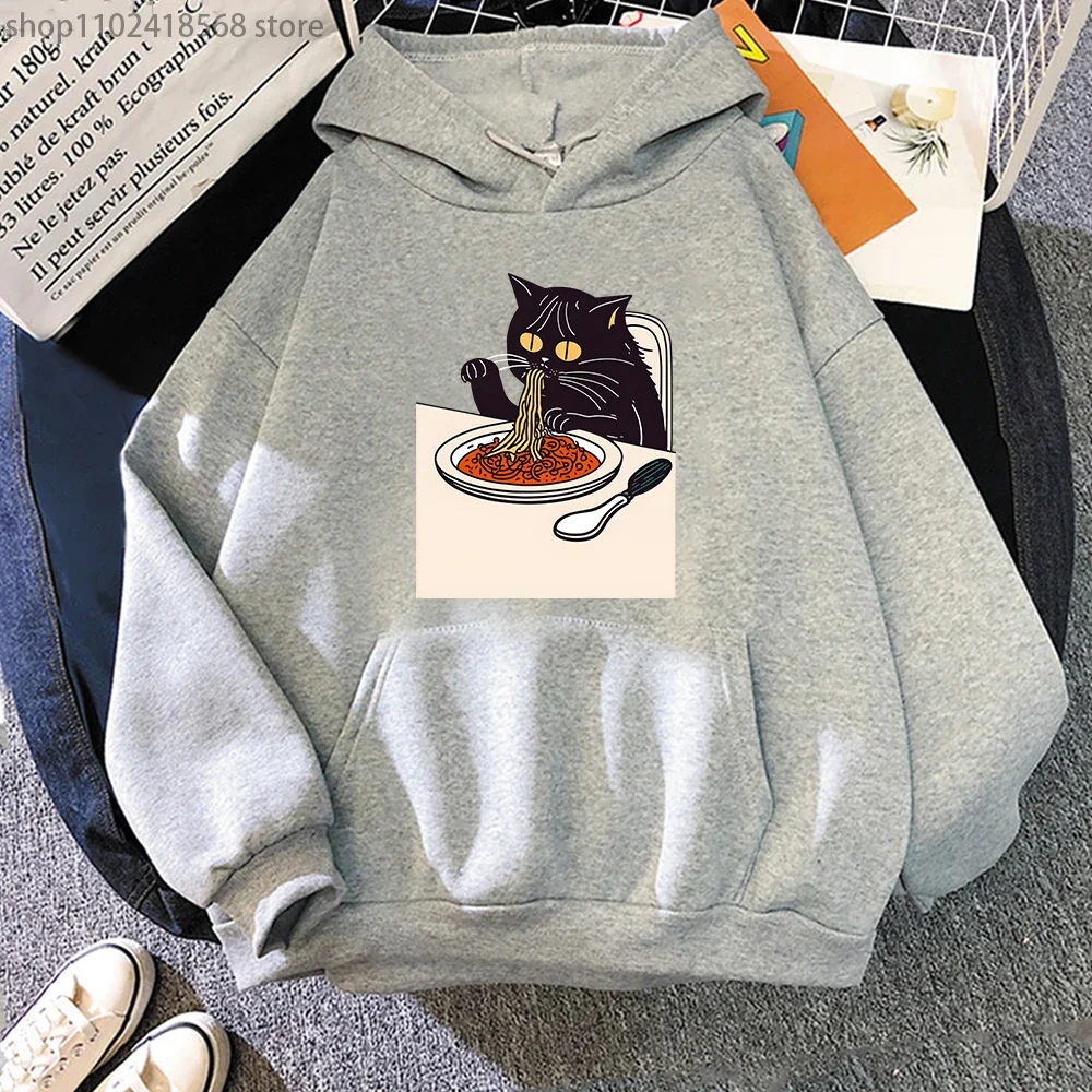 Cartoon Cat Eating Spaghetti Hoodie MEN Cute Animal Graphic Sweatshirt Harajuku Popular Characters High Street Korean Style Tops