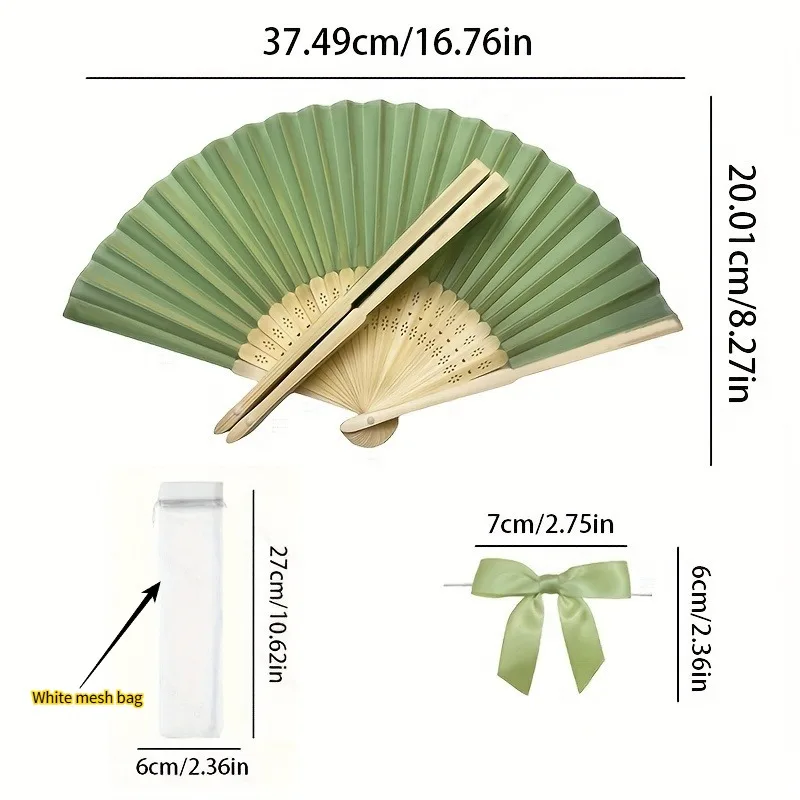 Handheld Folding Fan 10/20/30Pcs Fresh Green Bowknot Wedding Fan Ladies Hand Fan Transparent Mesh Bag for Wedding Baptism Party