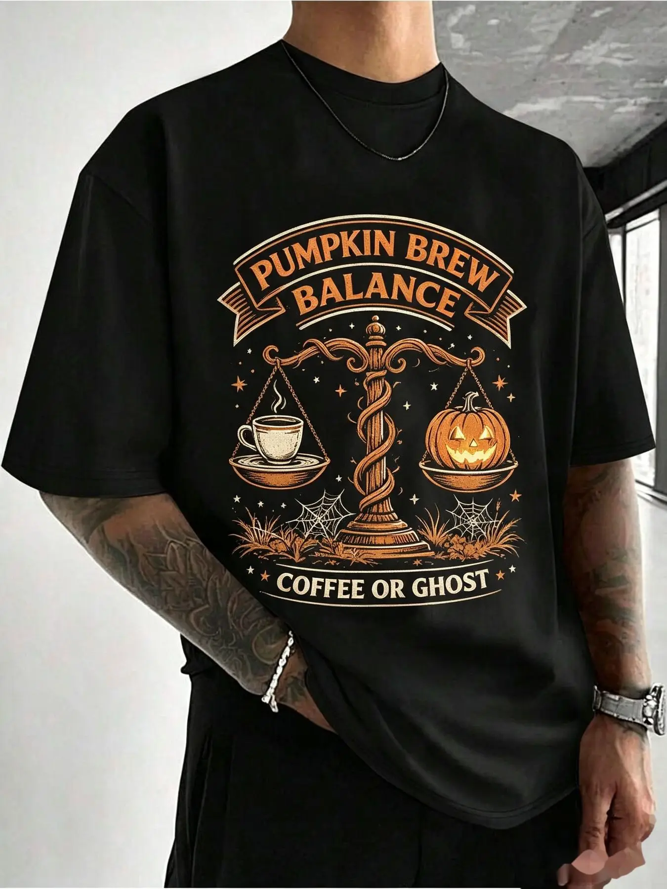 Men's Plus Size Oversized T-Shirt - Loose, Breathable Short-Sleeve T-Shirt with Coffee and Pumpkin Lantern Print, Suitable for Casual Wear, Cafe Style, Daily Wear, and Holiday Parties, Machine Washable, Pumpkin Brewing Design, Plus Size