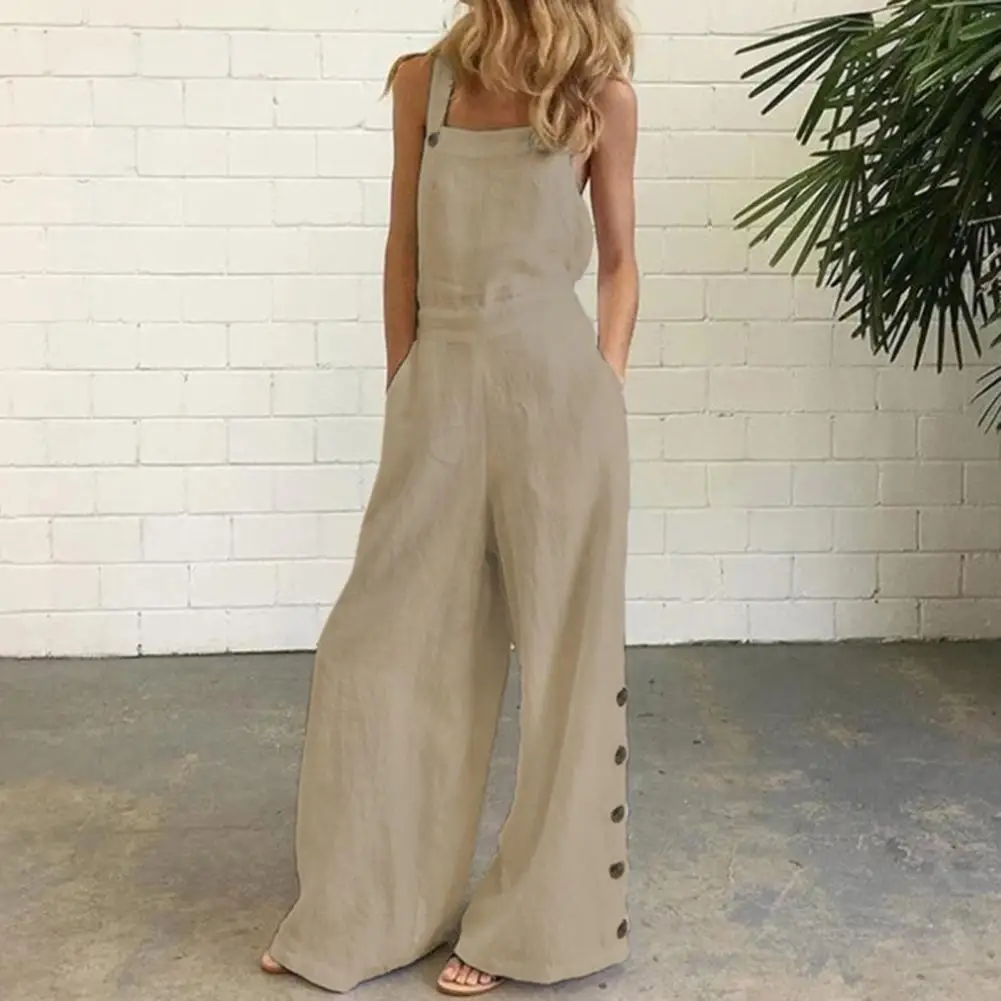 

Women Jumpsuit Rompers Wide Leg Pants Pure Color Low Cut Large Size Side Buttons Sleeveless Long Trousers Suspenders Playsuit