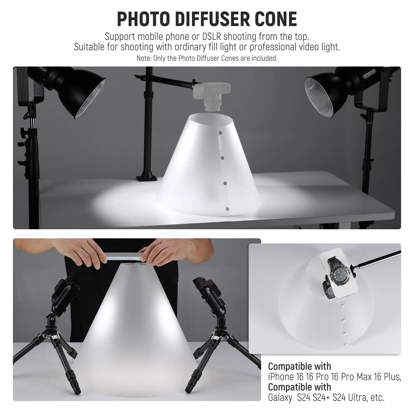 NEEWER مجموعة مخروطية خفيفة مكونة من 3 قطع (14 بوصة/15 بوصة/20 بوصة) مطورة بسمك 0.5 مم لإضاءة الصور وعاكس ناشر الفلاش