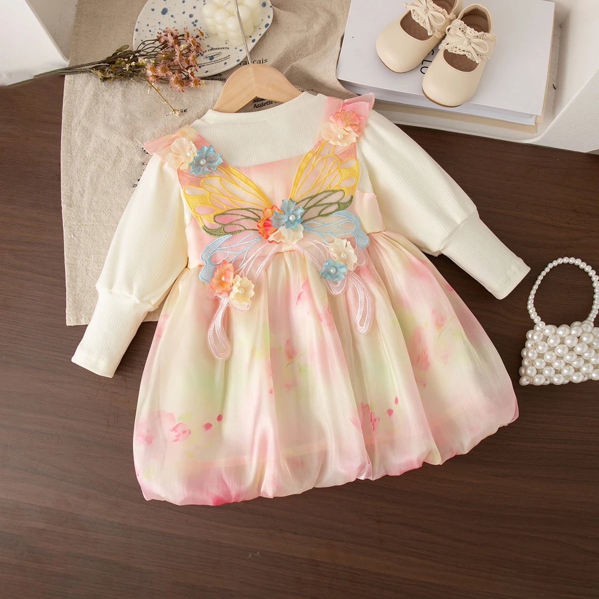 Autumn Tie Dye Long Sleeved Dress For Baby Girl Korean Style Fashion Sweet Floral Printed Spliced Toddler Butterfly Tutu Dress