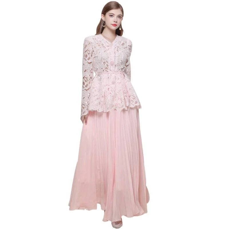 Emagrecimento V-Ne Long Sve Lace irt Conjunto feminino saia de cintura alta Csole Dr Street Sle malha fibra de poliéster