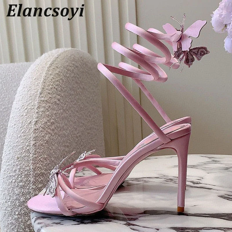 High Heels Sandals Women Crystal Butterfly Snake Shaped Winding Banquet Shoes Summer Fashion Thin Heels Fairy Sandalias 2025
