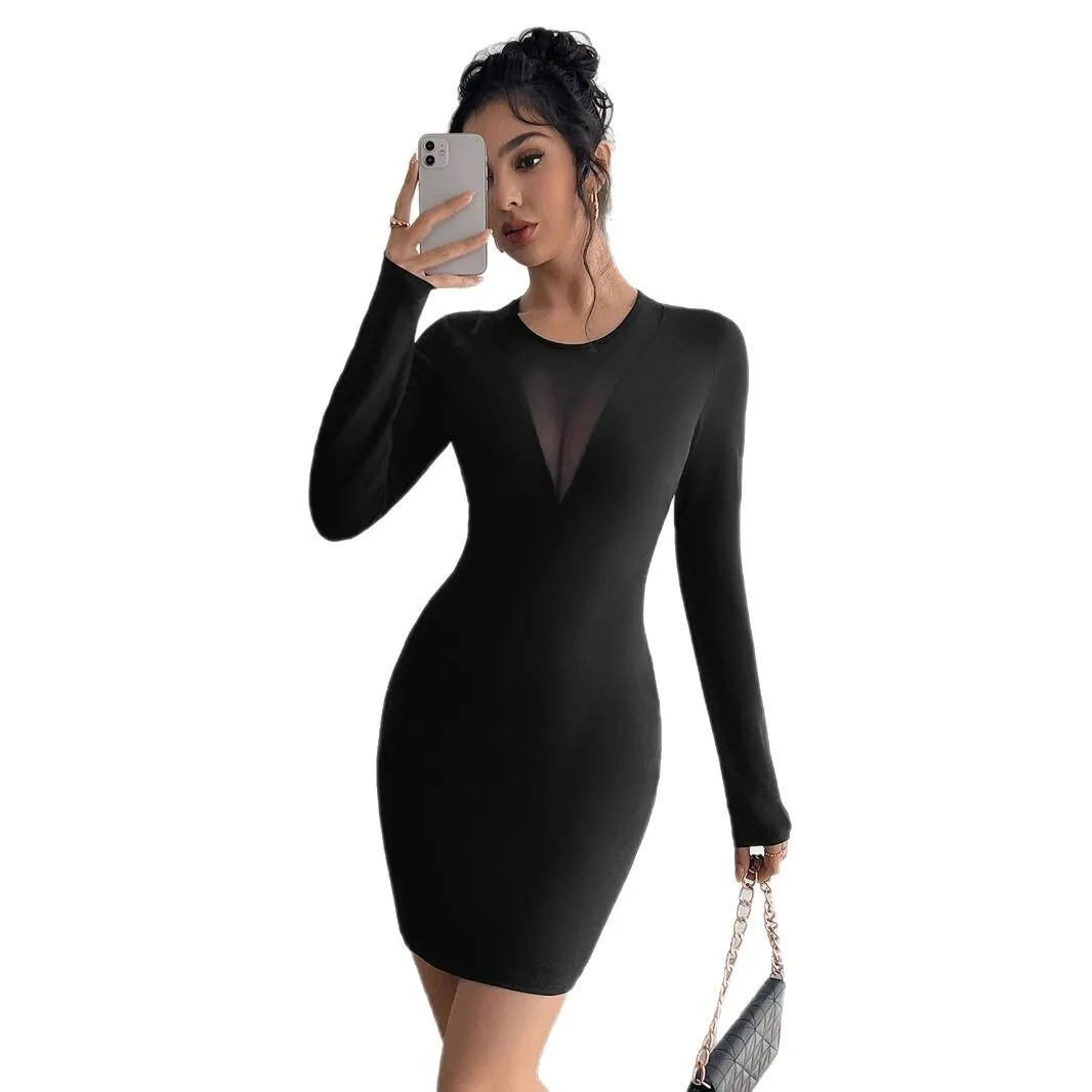 

2025 Spring/Summer New Women's Solid Color Mesh Splicing Chest Design Long Sleeve Slimming Dress