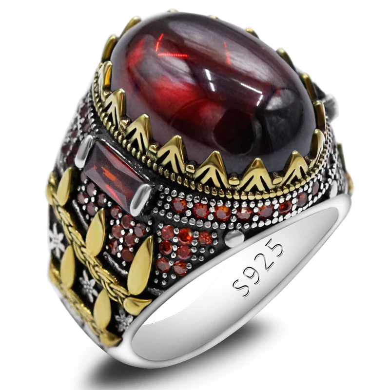 S925 الفاخرة Türkiye الرجال اليدوية خاتم موضة AAA الأحمر الزركون المرأة اليدوية الفاخرة مجوهرات حفلة هدية