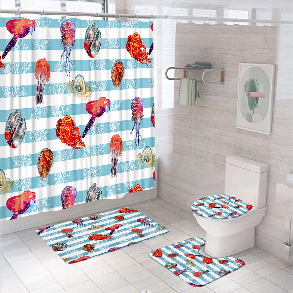 

Colorful Jellyfish Shower Curtain Set Underwater Aquatic Life Blue White Stripe Bathroom Curtains With Rug Toilet Cover Bath Mat