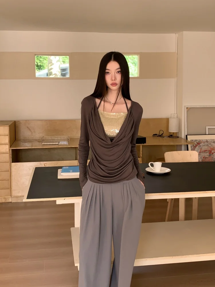 

CHEERART Коричневые футболки с длинными рукавами и блестками, вязаный топ с воротником-ковбой для женщин, футболка со рюшами, весна 2026, дизайнерская одежда