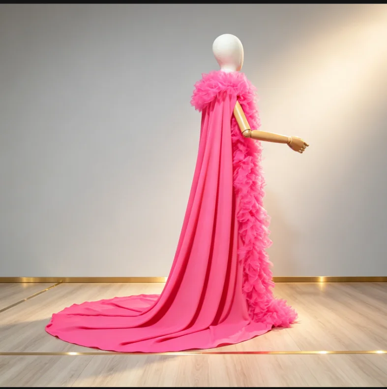 

Chiffon Long Women Vest Jackets With Tull Ruffles Trimmed Details Floor Length Femaledrag queen Cloak