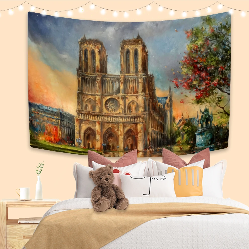 XxDeco Landscape Oil Painting Tapestry Notre Dame Cathedral Printed Vintage Wall Hanging Dorm Bedroom Decor Background Cloth