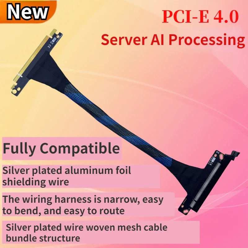 PCI-E 4.0 X16 kabel ekstensi kartu grafis Server GEN4.0, kabel adaptor GPU kawat berlapis perak jaring kepang untuk Server AI 32GB