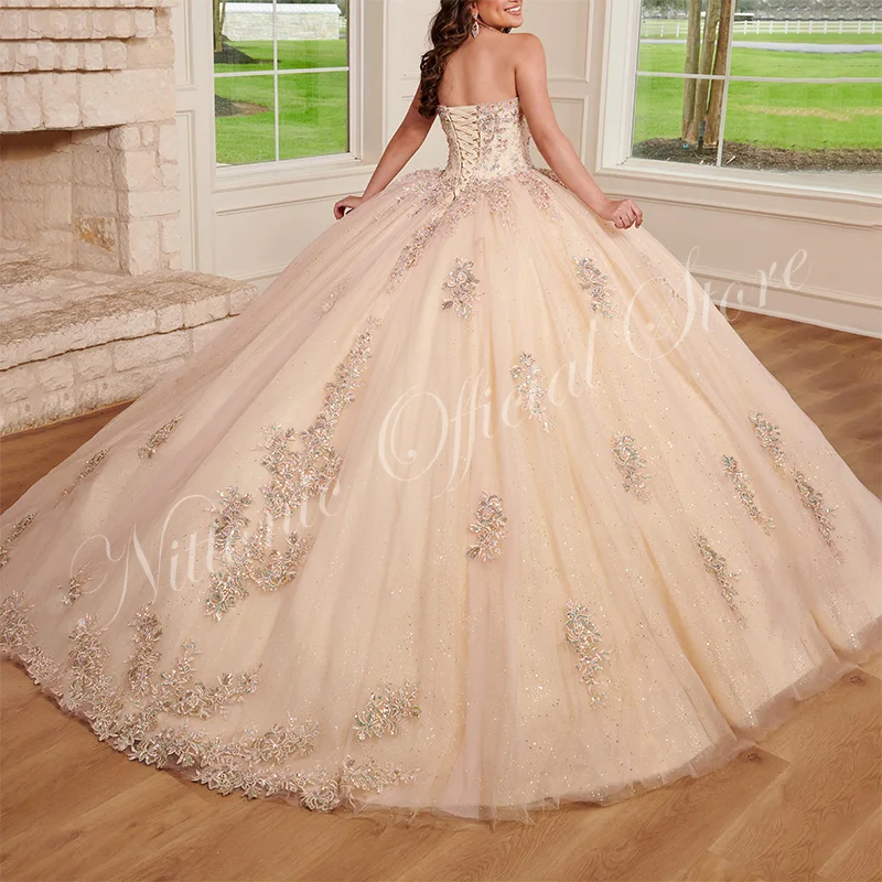 Vestido de cristal Quinceanera luxuoso, apliques de renda, vestido de baile com lantejoulas até o chão, vestido de baile, novo, 15 anos