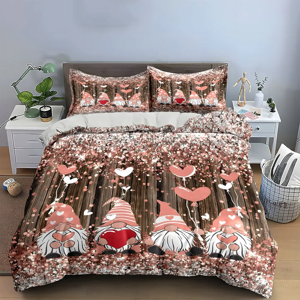 Romantic Gnome Decor Set Bedding Set with 1 Duvet Cover 2 Pillowcases Single Double King Queen, Gift