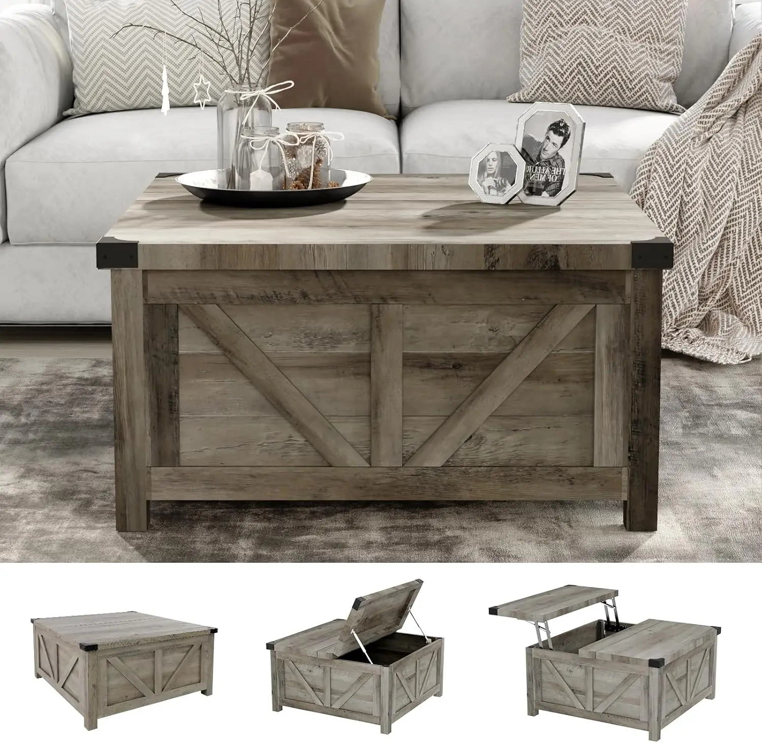 Farmhouse Lift Top Coffee Table com Armazenamento, Wood Square Center Table, Estação de carregamento e portas USB, Living Room Central Table