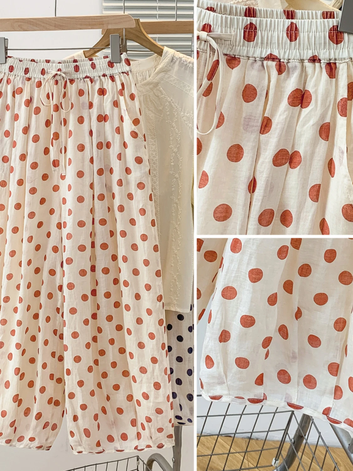 กางเกงขายาวผ้าลินินลายจุดทรงหลวมเอวยางยืดสองชั้นอเนกประสงค์ทรงหลวมกางเกงลำลองต่อต้านวัยสำหรับผู้หญิง