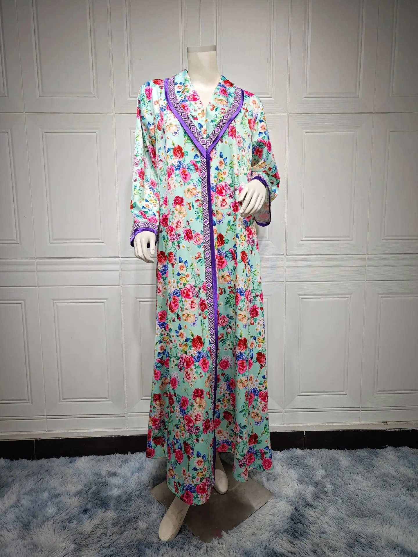 2025 elegante primavera verão muçulmano feminino manga longa com decote em v impressão longo abaya maxi vestidos para mulher vestido abaya dubai ab361