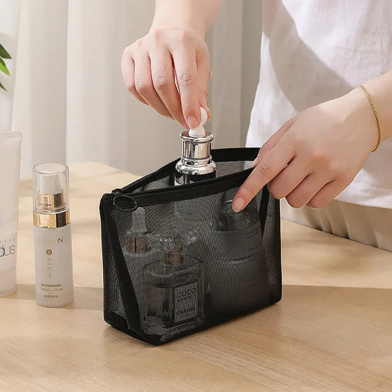 Bolsas de cosméticos transparentes de malla, bolsa de maquillaje negra pequeña y grande, estuche organizador de artículos de tocador de viaje portátil, bolsa de almacenamiento de lápiz labial