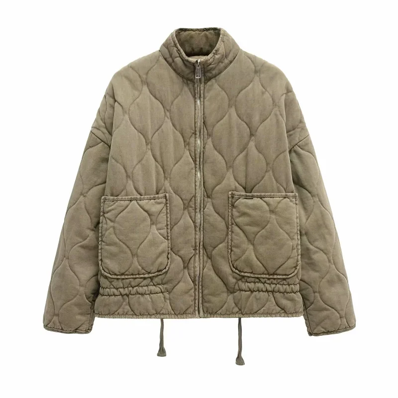 Dames Polyester Gewatteerde Jas 2026 Nieuwe Aanwinst Vintage Lenzing Rayon Hoge Kraag Grote Zak Decoratieve Gestikte Jas voor Dames