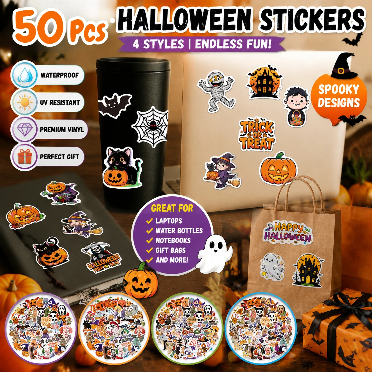 Waterproof Halloween Non-Repeating Pumpkin Theme Stickers Holiday Party Stickers Party Favors Gifts Decor Supplies
