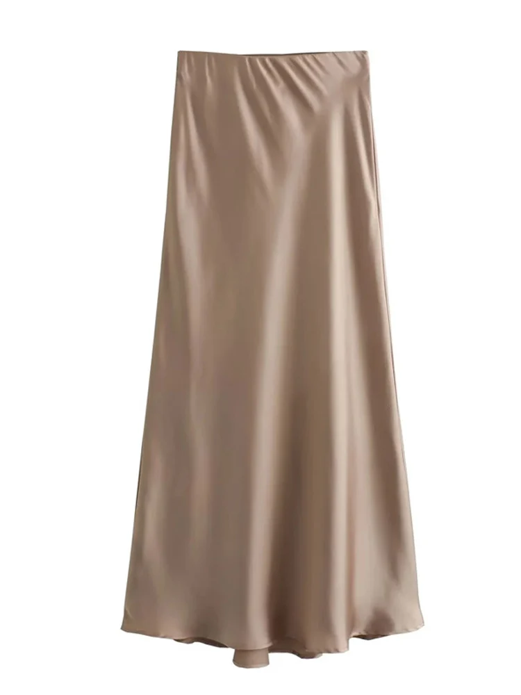 تنورة نسائية من الساتان الأسود لعام 2025 بخصر عالٍ تنانير طويلة أنيقة للنساء تنورة صيفية ميدي تنانير نسائية للمكتب