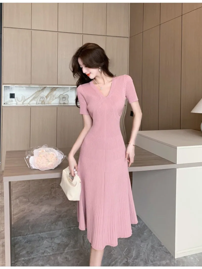 Fashion Pink Knitting Sweater Dress Temperament Bottoming Short Sleeve Ribbed Elegant Maxi V Neck Midi Robe Pullover Clothing