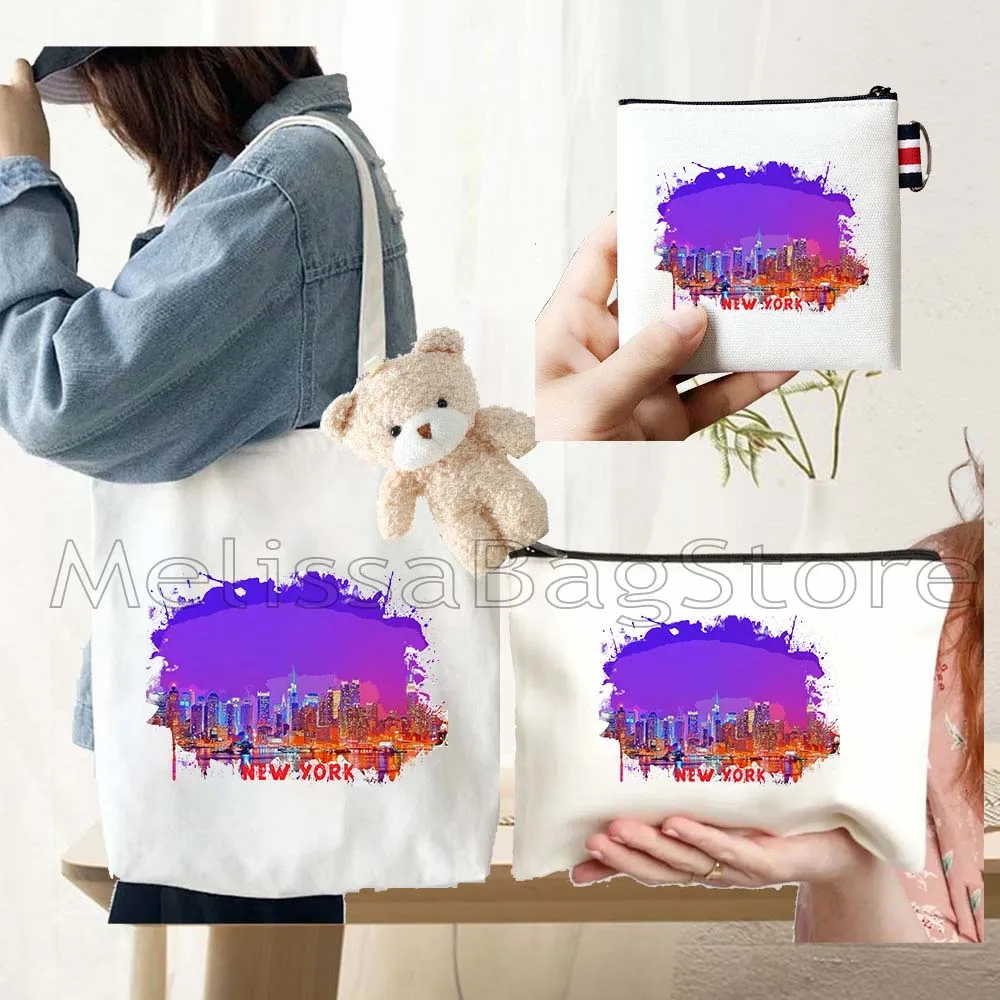 4PCS Gift Set New York City Black Canvas Tote Bag Handbag with Doll Key Coin Purse Cosmetic Makeup Toilet Bag Case Pouch