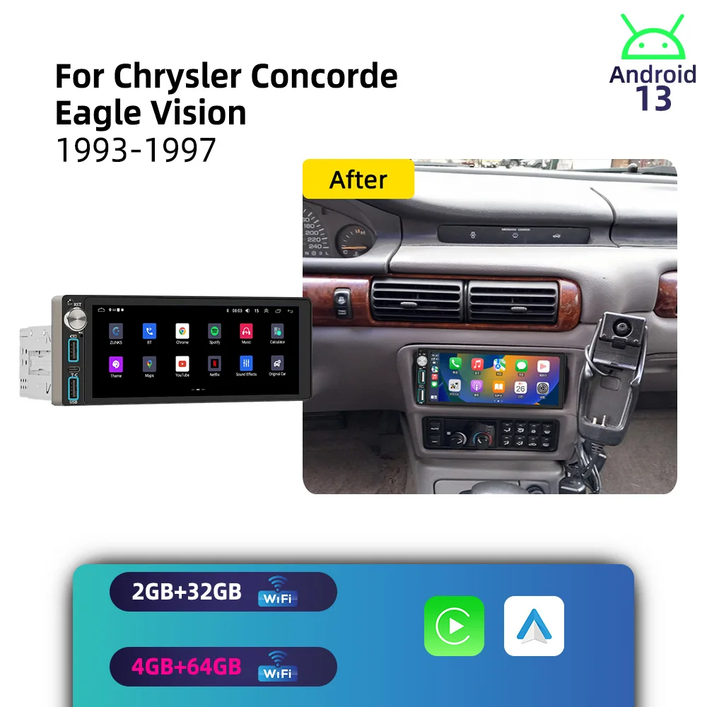 Radio Multimedia para Auto con Carplay 1 DIN, Android, para Chrysler Concorde Eagle Vision 1993-1997, Autoradio GPS Estéreo de 6.86 Pulgadas