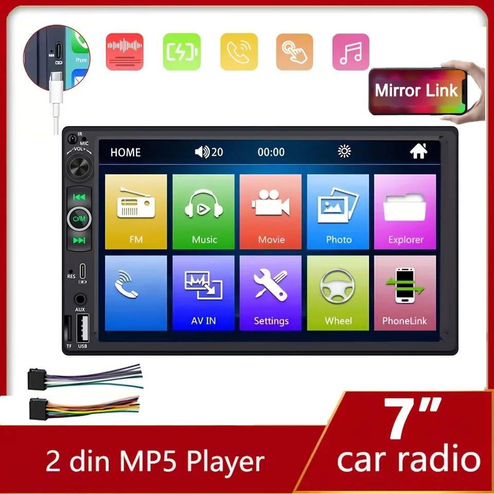 Universelles Doppel-DIN 17,78 cm Autoradio mit HD-Touchdisplay, Typ-C-Anschlüssen für Carplay und Android Auto, Unterstützung für Mirror Link.