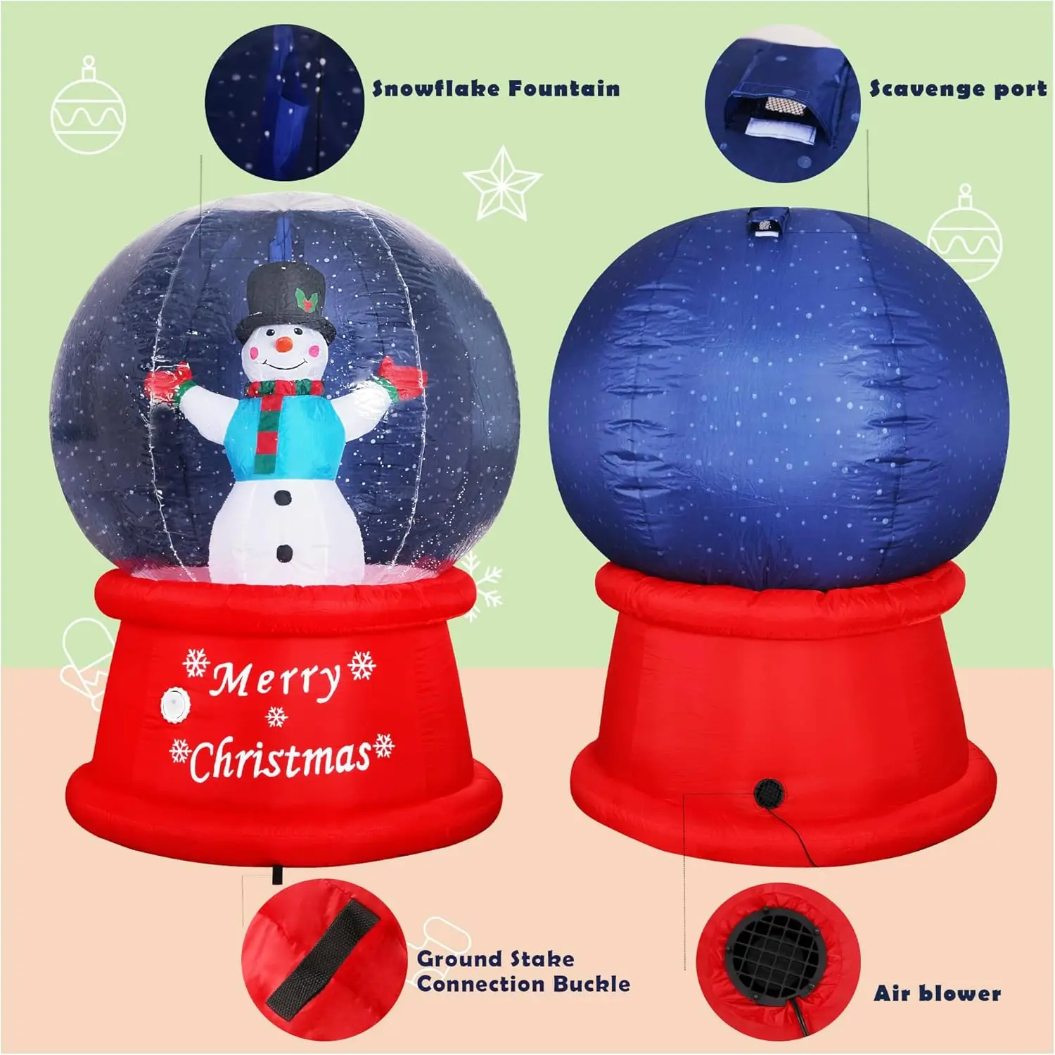 Boule à neige gonflable avec musique, bonhomme de neige, souffleur d'air, lumière LED lumineuse, extérieur de vacances, 6 pieds