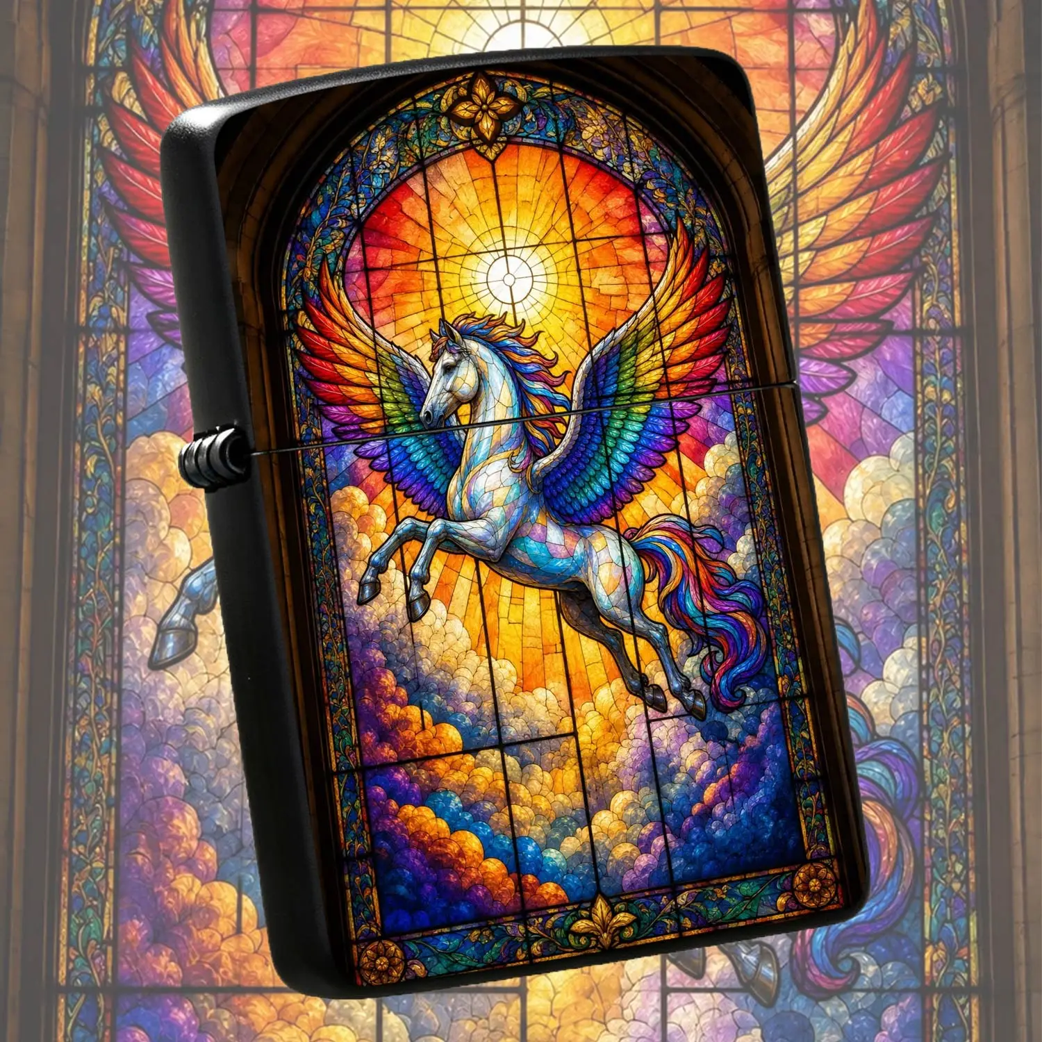 Vintage Stained Glass Rainbow Pegasus Lighter, Artistic Arched Window Winged Horse Decor Portable Igniter, Unique Exquisite Collectible, Ideal Novelty Gift For Family Friends, Suitable For Daily Casual, Travel, Gatherings And All Common Usa