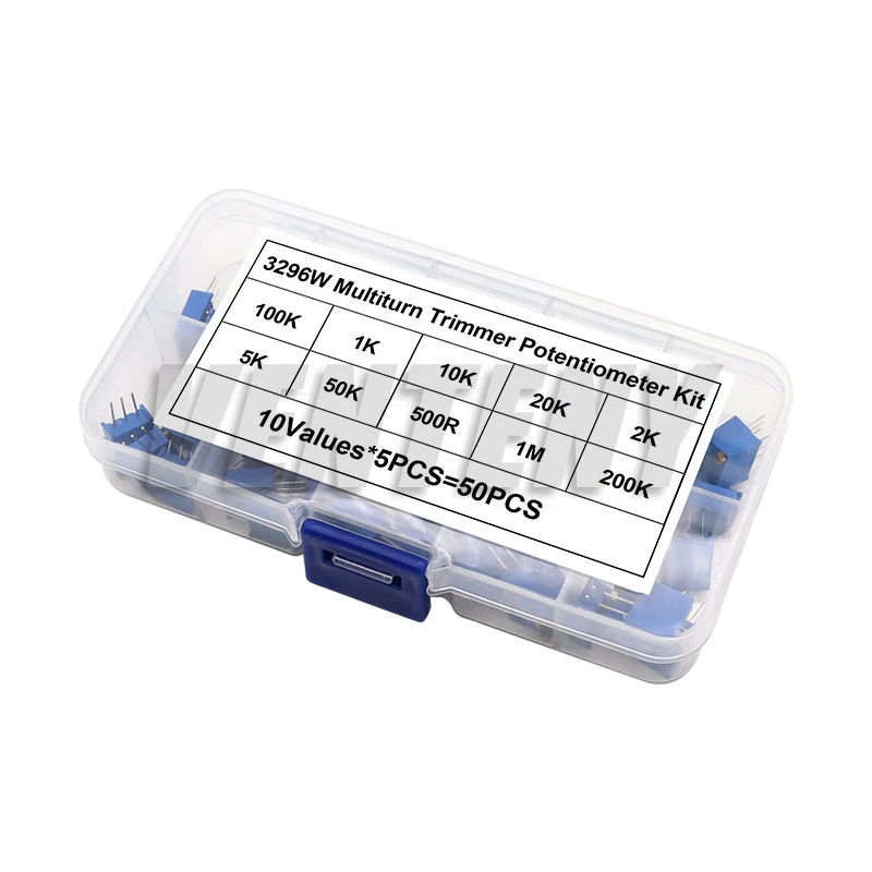 50 ชิ้น/ล็อต 3296W Multiturn Trimmer Potentiometer Kit ความแม่นยําสูง 3296 ตัวต้านทานตัวแปรฟรีกล่องชุด DIY อิเล็กทรอนิกส์
