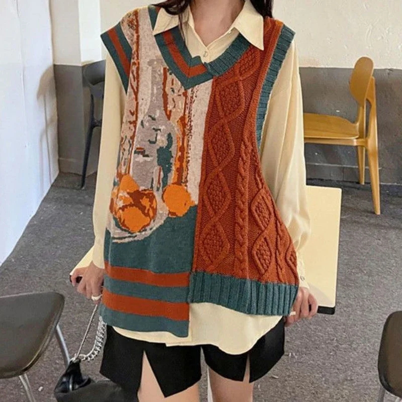 Retro Women\'s Knitted Vest Sleeveless Jacket V-neck Top Contrasting Jacquard Sweater Vest Leisure Loose Fashion Cheap Wholesale