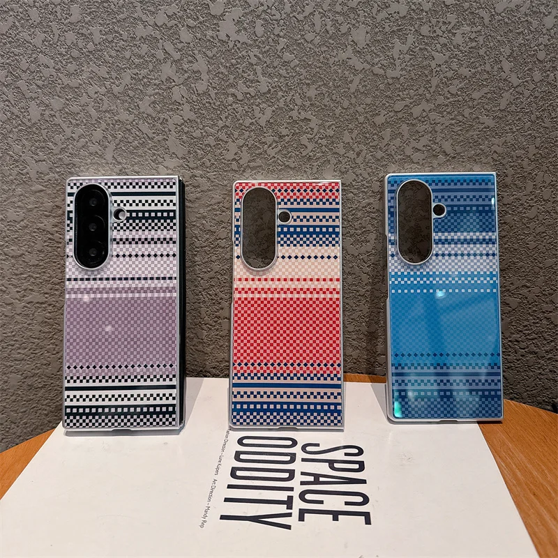 

Cute Vintage Striped Geometric Glass Phone Case For Samsung Galaxy Z Fold 7 6 5 Foldable Shockproof Protective Cover For Women