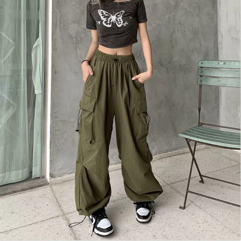 Casual Joggers Cargo Pants Women Solid Low Waist Pants Drawstring Wide Leg Baggy Trousers Y2k Streetwear Oversize Sweatpants