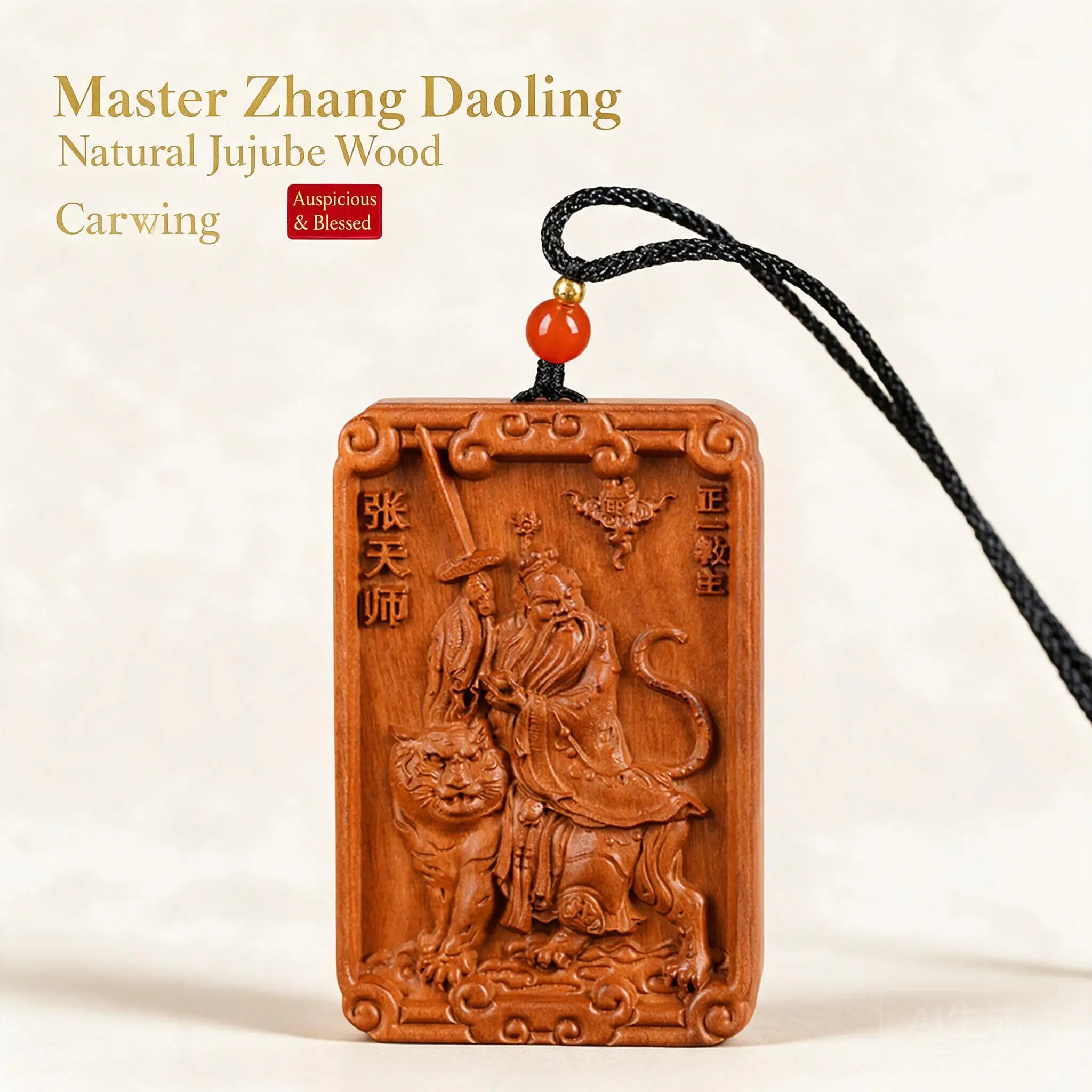 Chinese Jujube Wood Hand Carved Zhang Tianshi Riding Tiger Taoist Pendant Necklace Amulet For Luck Wealth Blessing Fortune Gift