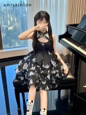 

Sweetheart Girl Lolita Princess Puff Dress Summer Cute Bowknot Strapless JSK Butterfly Print Multi-layer Mini Dress for Women
