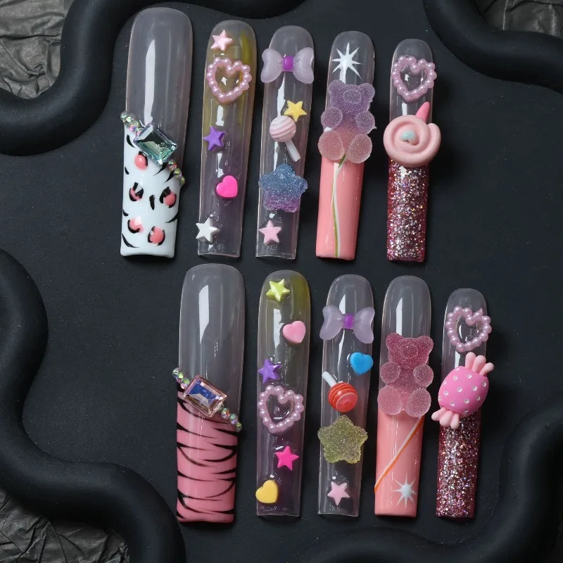 

10 Pieces Sweet Dreams Y2K Handmade Press On Nails Gummy Bear Dopamine Long Fake Nails Removable Reusable