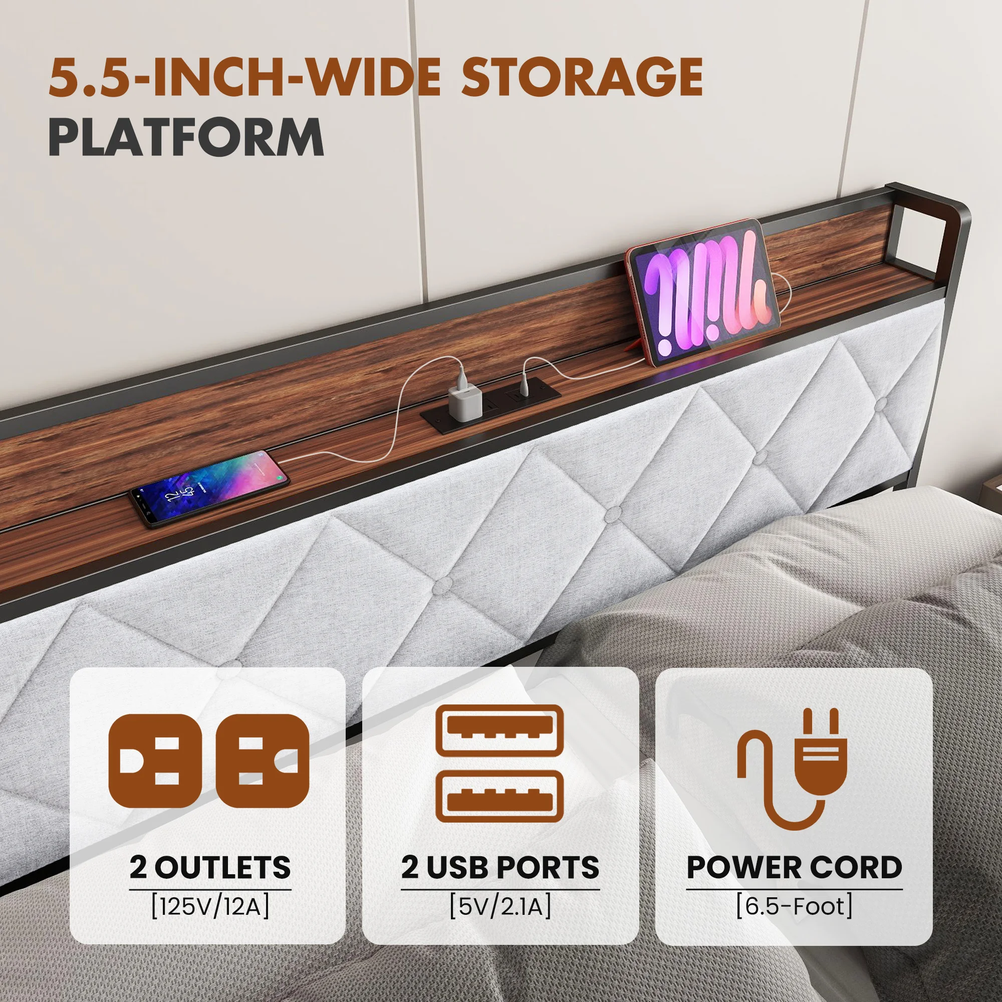 JHK King Size Soft Pack Heavy Duty Metal Bed Frame with Headboard Charging Station 1100lbs Capacity Easy Assembly For Bedroom image 6