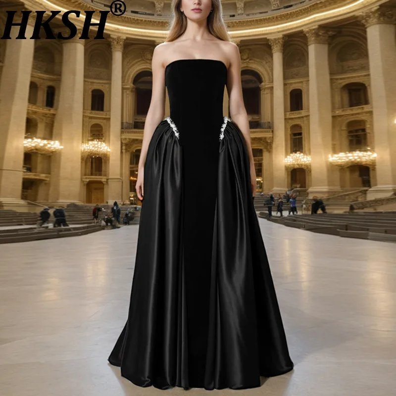 HKSH المرأة مزاجه المد فستان طويل مطوي رصع الماس حمالة ثنيات أنيقة موضة فاخرة شيك فستان سهرة HK9060