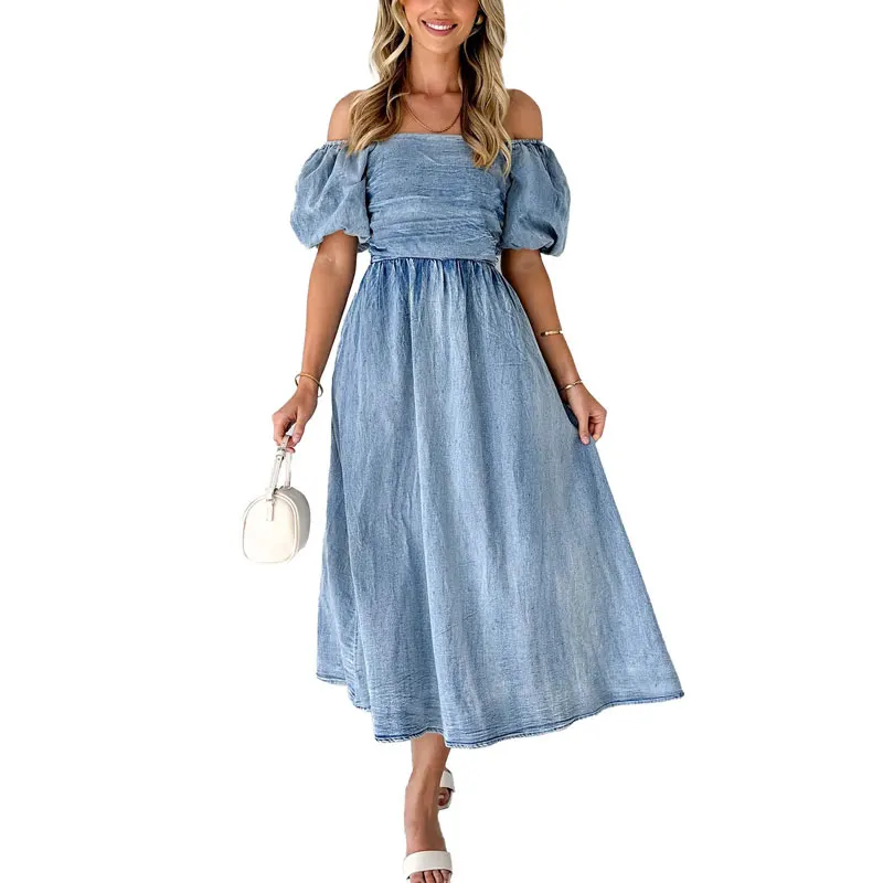 2024 New Spring Summer Vintage Off Shoulder Puff Short Sleeve Blue Color Denim Dress