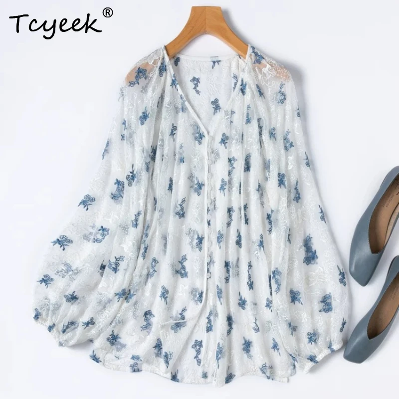 Tcyeek 100% Real Silk Blouse Women 2026 Summer Light Blue Embroidered V-neck Sun-protective Shirts Female Clothing Chemise Femme