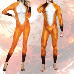 Halloween Animal Fox Print Cosplay Costume Men Women Sexy Bodysuit Disguise Oufit Holiday Party Funny Stage Jumpsuit Catsuit