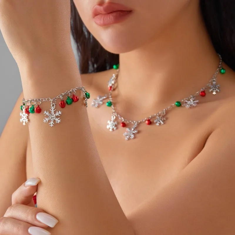 Christmas Snowflake Bell Pendant Bracelet, Necklace With Crystal Snowflakes, Festive Holiday Party Jewelry Gift For Christmas