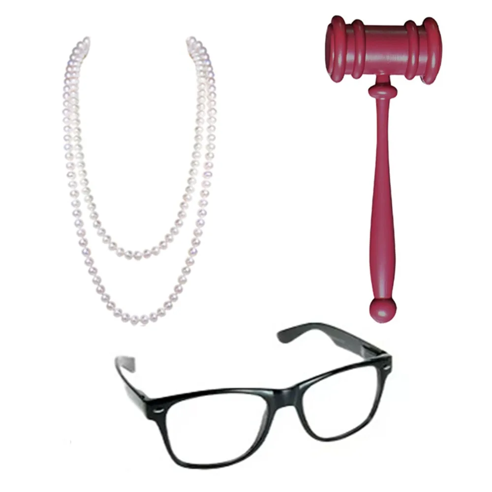 Acessórios para fantasia de juiz sênior PESENAR (martelo de alta qualidade + colar de pérolas elegante + óculos profissionais com armação preta)