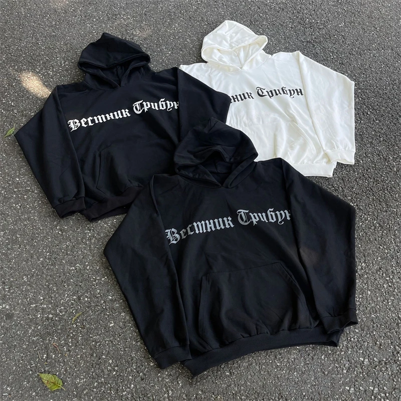 

25SS New Style Russian Print Vultures YZY Kanye West Hoodie Hooded Men Women 100% Cotton Oversized Black White Pullovers