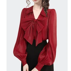 Women Clothing Elegant Chiffon Solid Blouse Spring Autumn New Long Sleeve Bow Patchwork All-match Shirt Tops Fashion Temperament