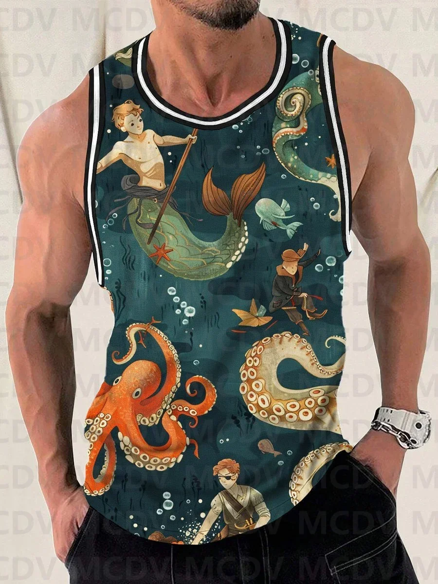 Undersea Cartoon Mermaid Print Crew Neck Tank Top 3D Printed Tank Tops Men Summer Tops