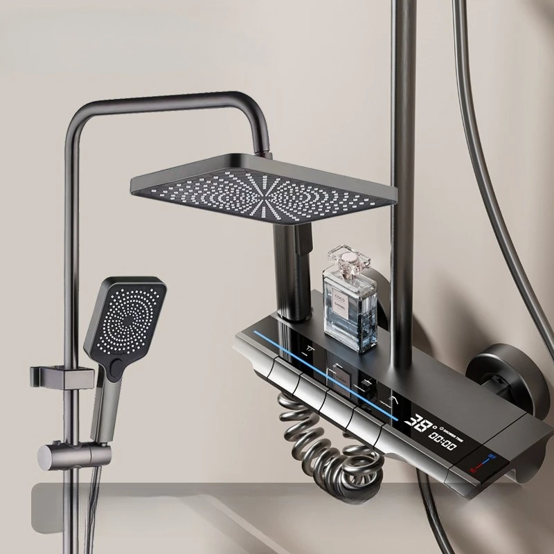 

Strictly selected all-copper gun gray ambient light hot and cold shower set household bathroom piano key four-speed shower cover
